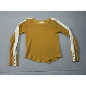 We The Free People Top Womens Large Mustard Yellow Snap Cuff Beige Trim Stretch